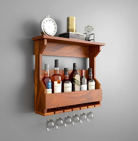 Solid Sheesham Wood Wall Mounted Wine Rack & Glass Holder