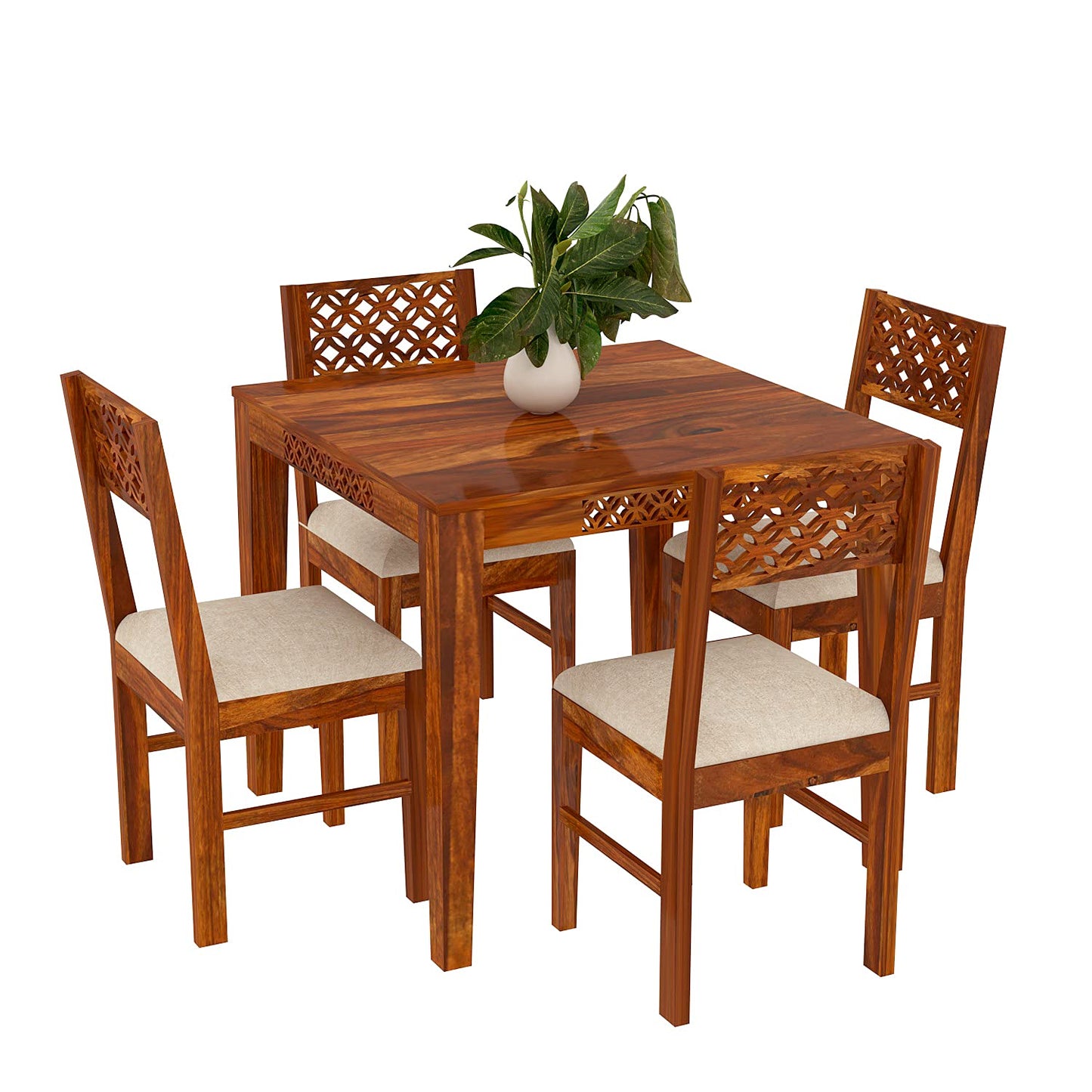 Solid Sheesham Wood 4 Seater Dining Table Set with Cushioned Chairs