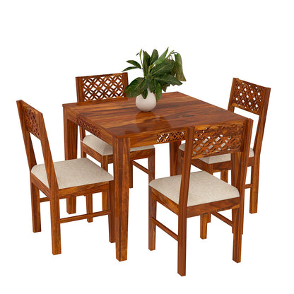 Solid Sheesham Wood 4 Seater Dining Table Set with Cushioned Chairs