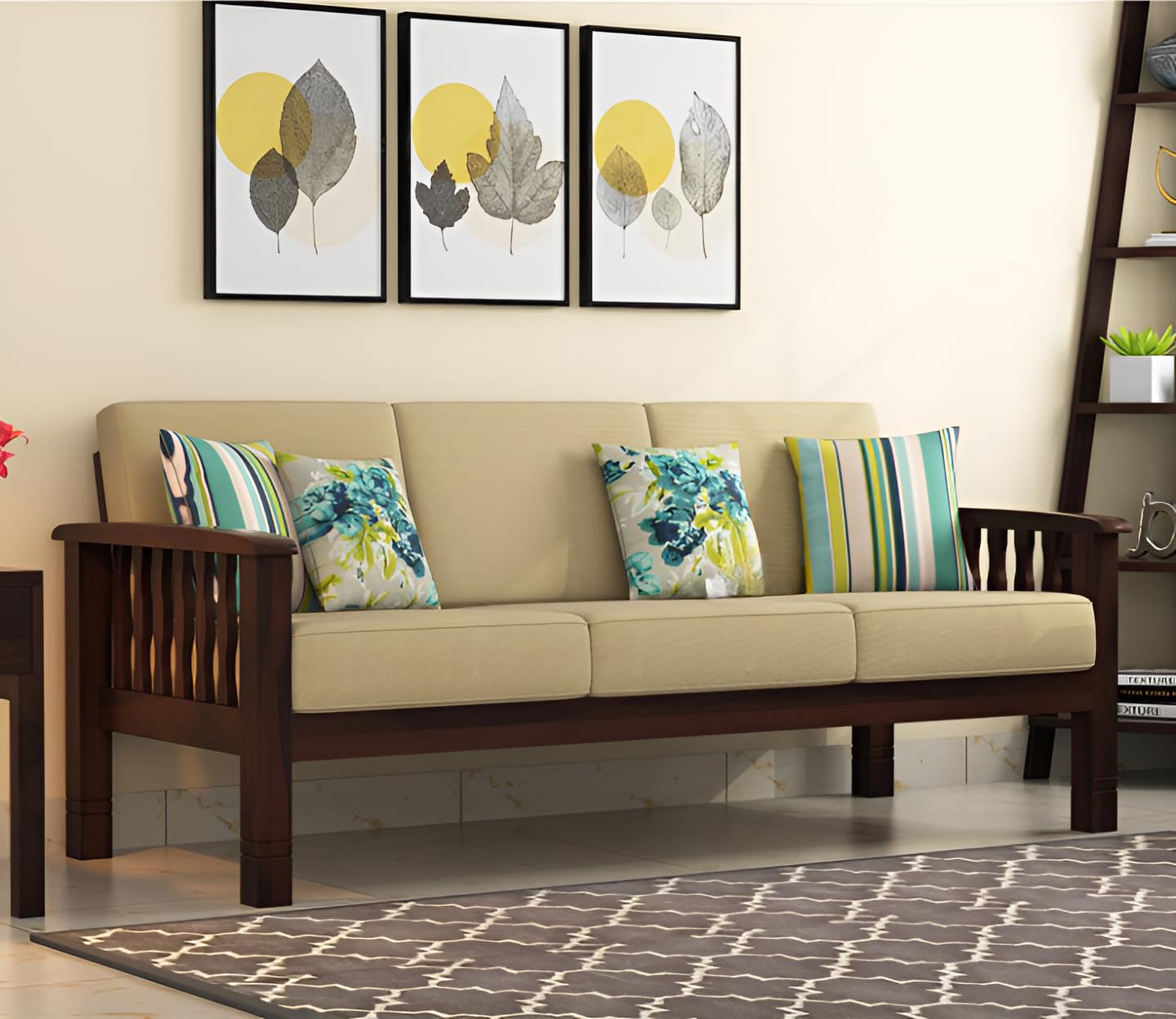 Sheesham Wood 3 Seater Sofa Beige Cushions Living Room