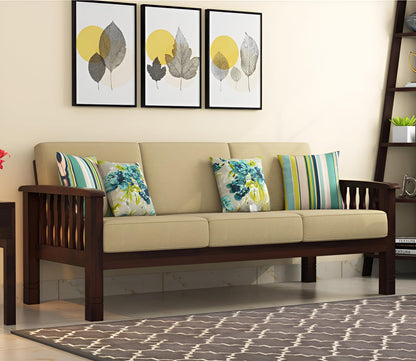 Sheesham Wood 3 Seater Sofa Beige Cushions Living Room