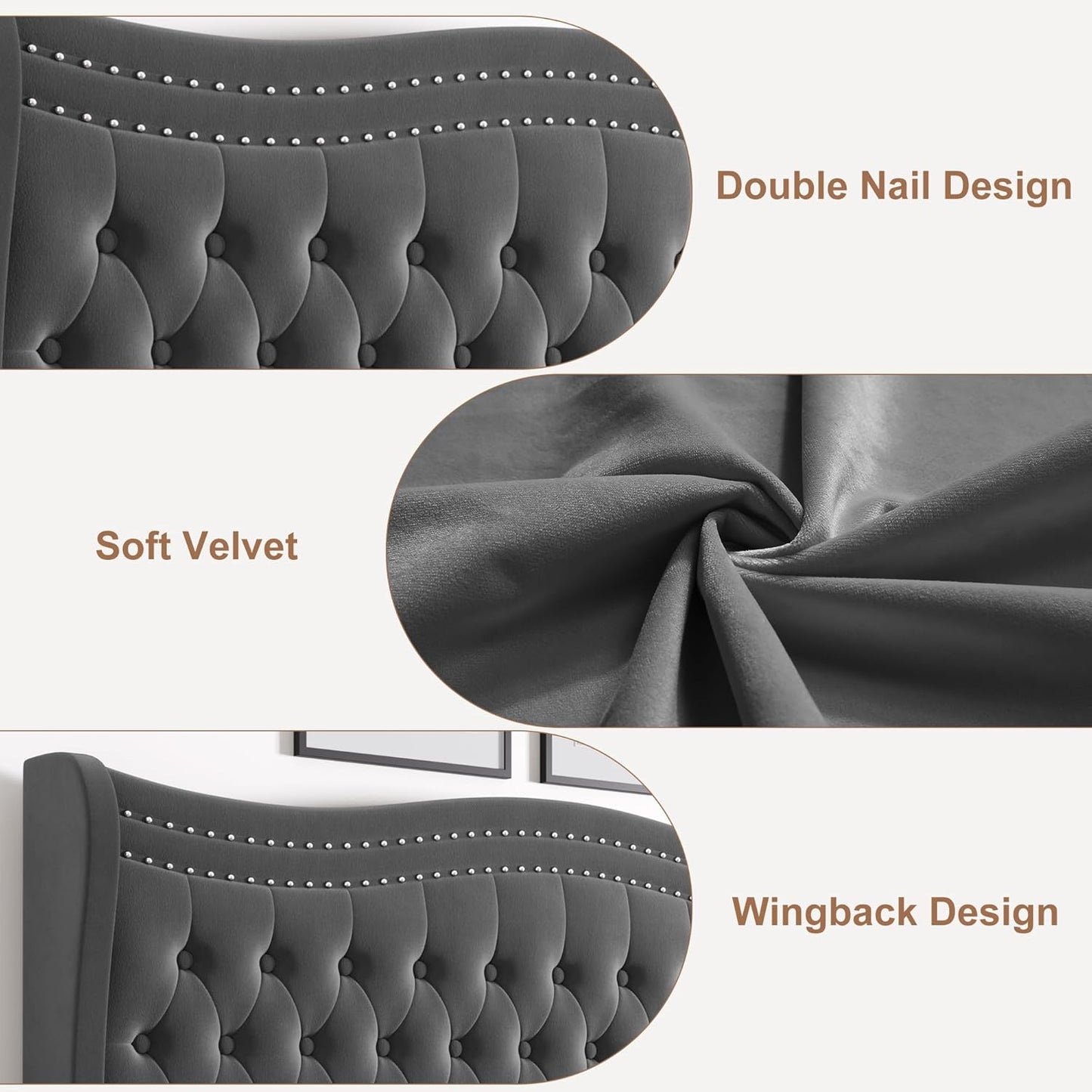 Luxury Upholstered Full Size Bed with Wingback Tufted Headboard