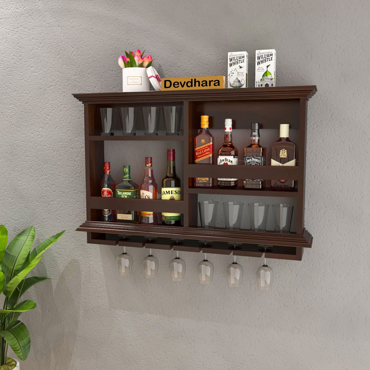 Solid Wood Wall Mounted Wine Bottle & Glass Holder Rack
