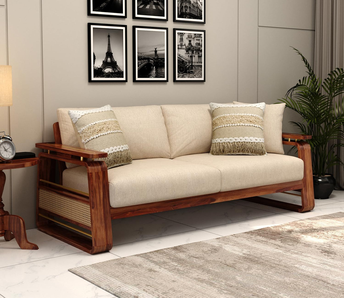 Sheesham Wood 3 Seater Sofa Brass Inlay Beige Cushion Sofa