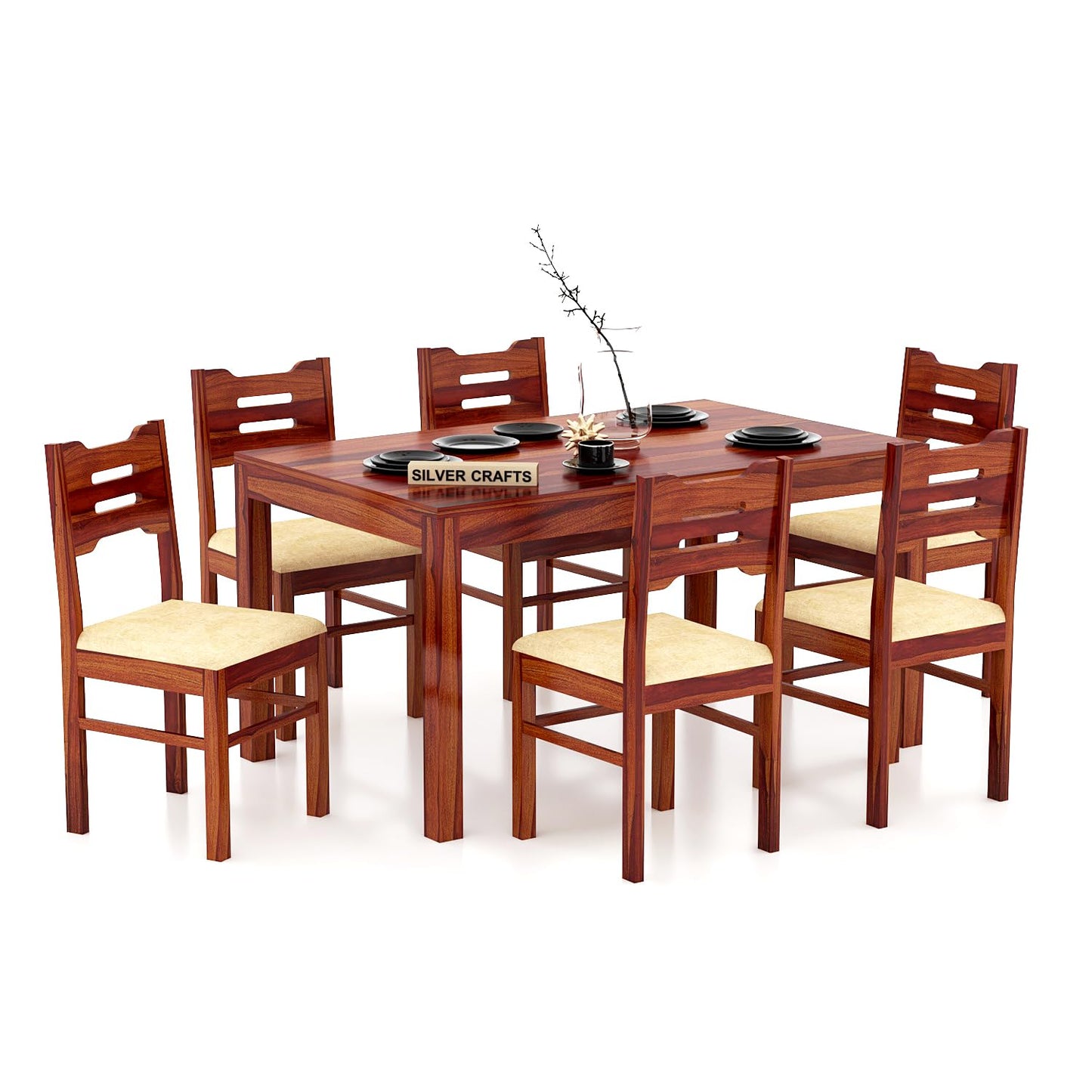 Solid Wood 6 Seater Dining Table Set with Cushioned Chairs