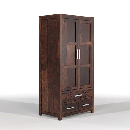 Solid Sheesham Wood 2 Door Wardrobe with 3 Drawer