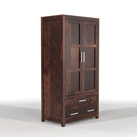 Solid Sheesham Wood 2 Door Wardrobe with 3 Drawer
