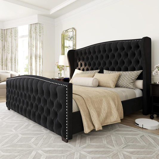Luxury Upholstered King Size Bed with Wingback Tufted Headboard