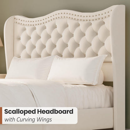 Luxury Upholstered Queen Size Bed with Tufted Wingback Headboard