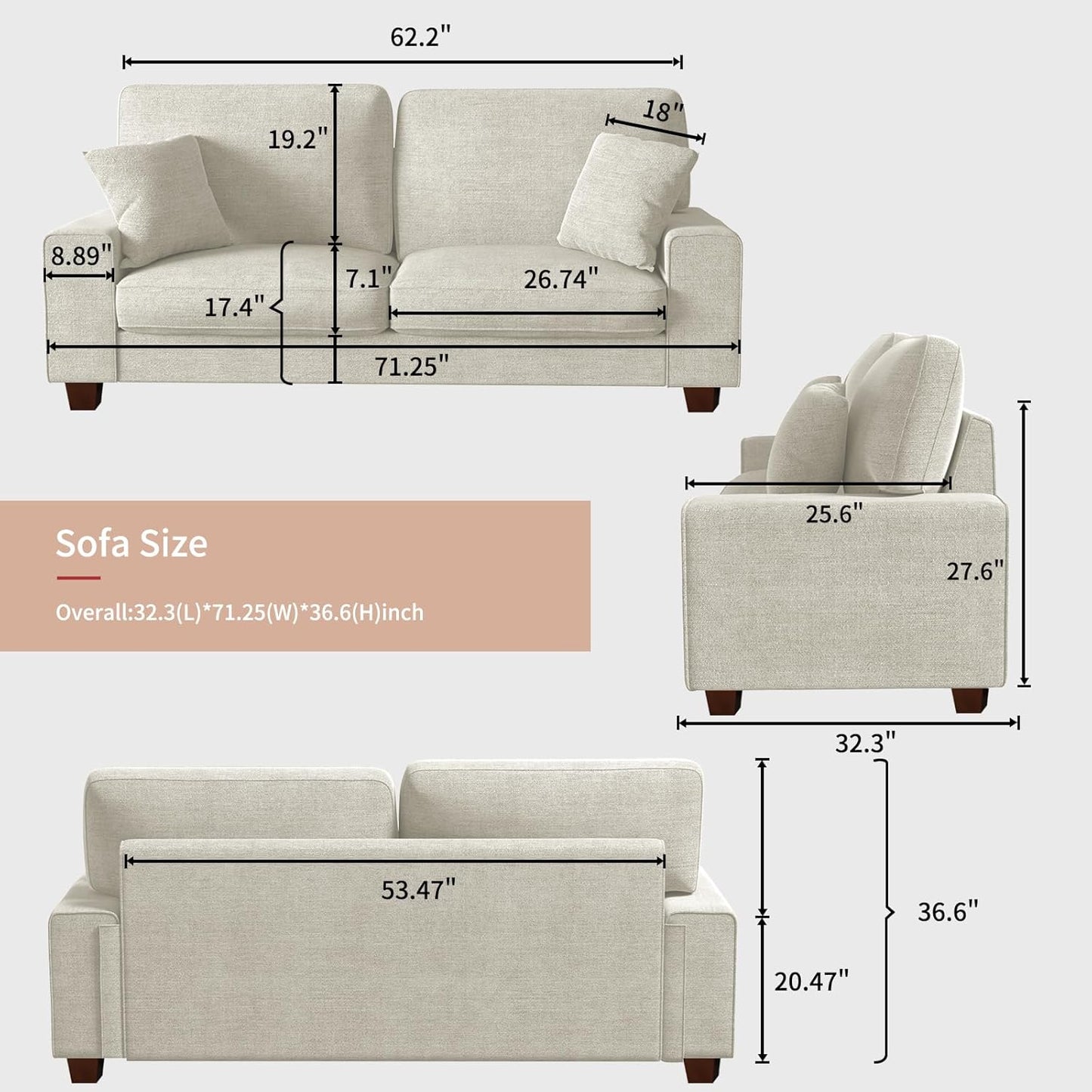 Modern Fabric 2 Seater Sofa Couch Living Room Beige