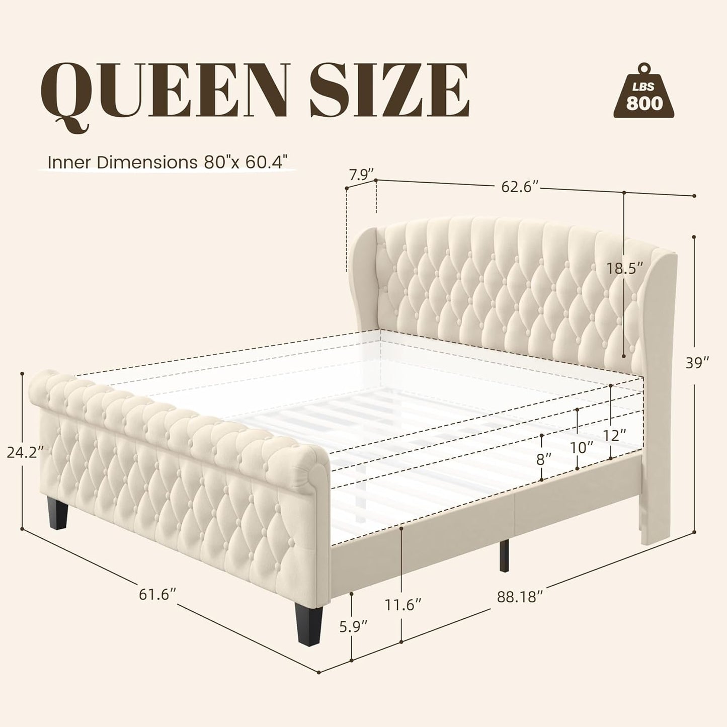 Classic Tufted Queen Size Upholstered Bed | Premium Cream Fabric Platform Bed