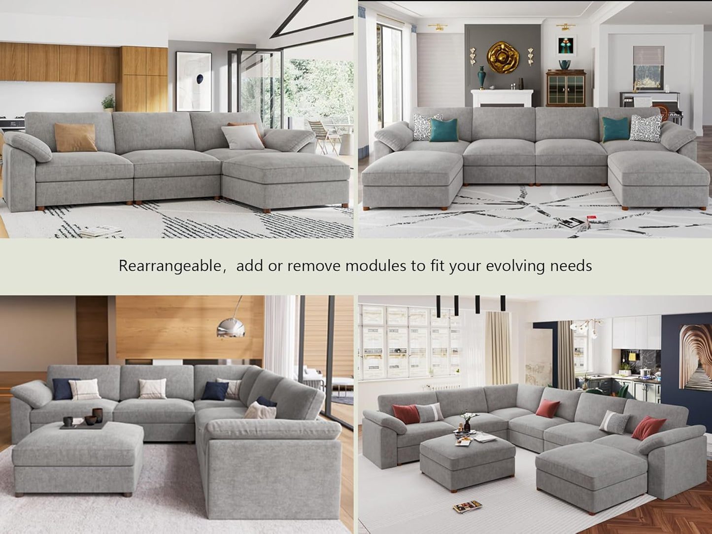 U Shape Modular Sectional Sofa with Ottoman Fabric Couch