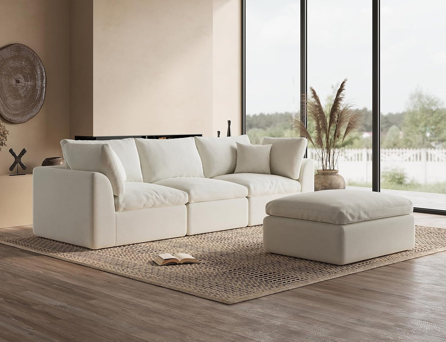 Modern L Shape Sectional Sofa Cream Fabric with Ottoman