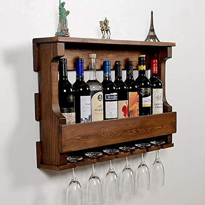 Solid Wood Wall Mounted Wine Rack with Glass Holder Shelf