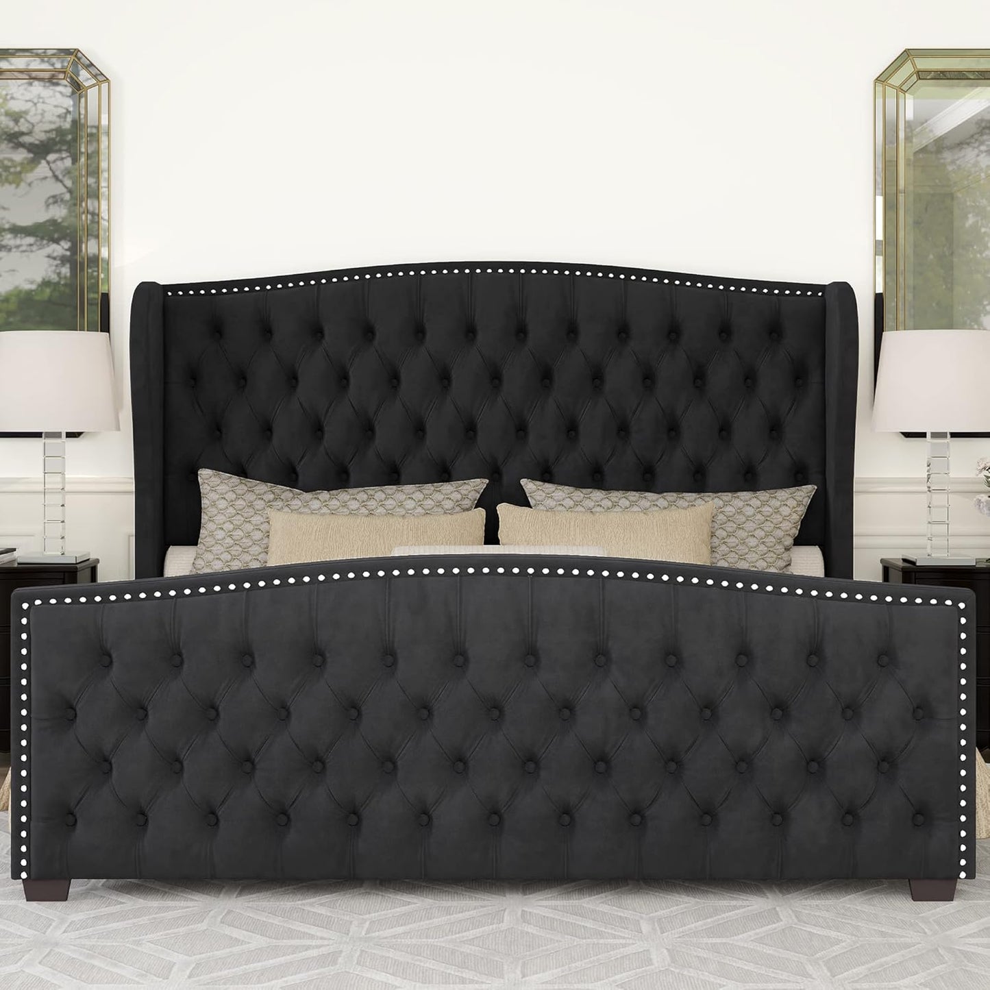 Luxury Upholstered King Size Bed with Wingback Tufted Headboard