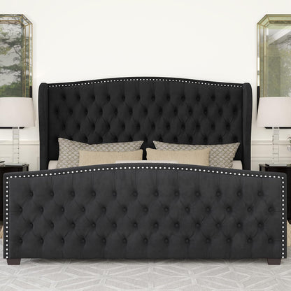 Luxury Upholstered King Size Bed with Wingback Tufted Headboard