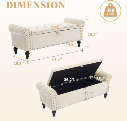 Classic Tufted Storage Bench with Armrests – Upholstered Ottoman Bench
