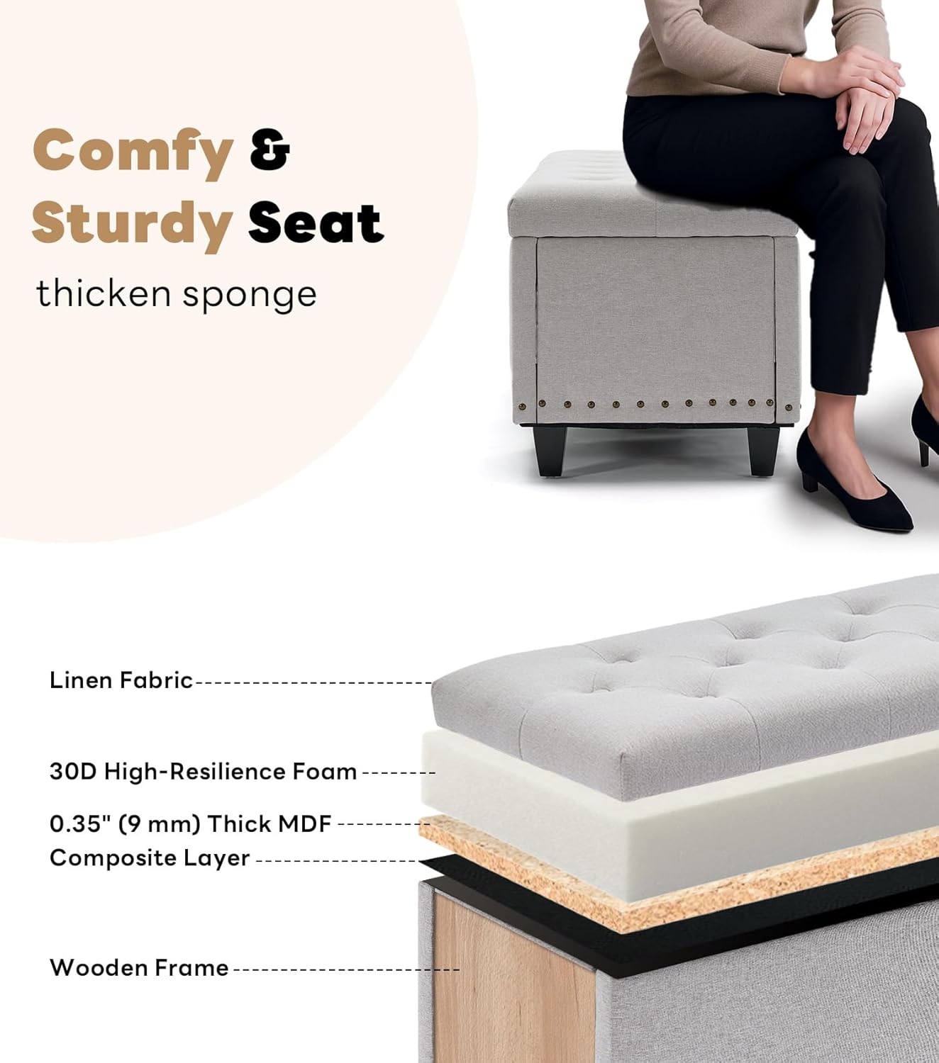 Tufted Storage Ottoman Bench with Safety Hinge & Rivets