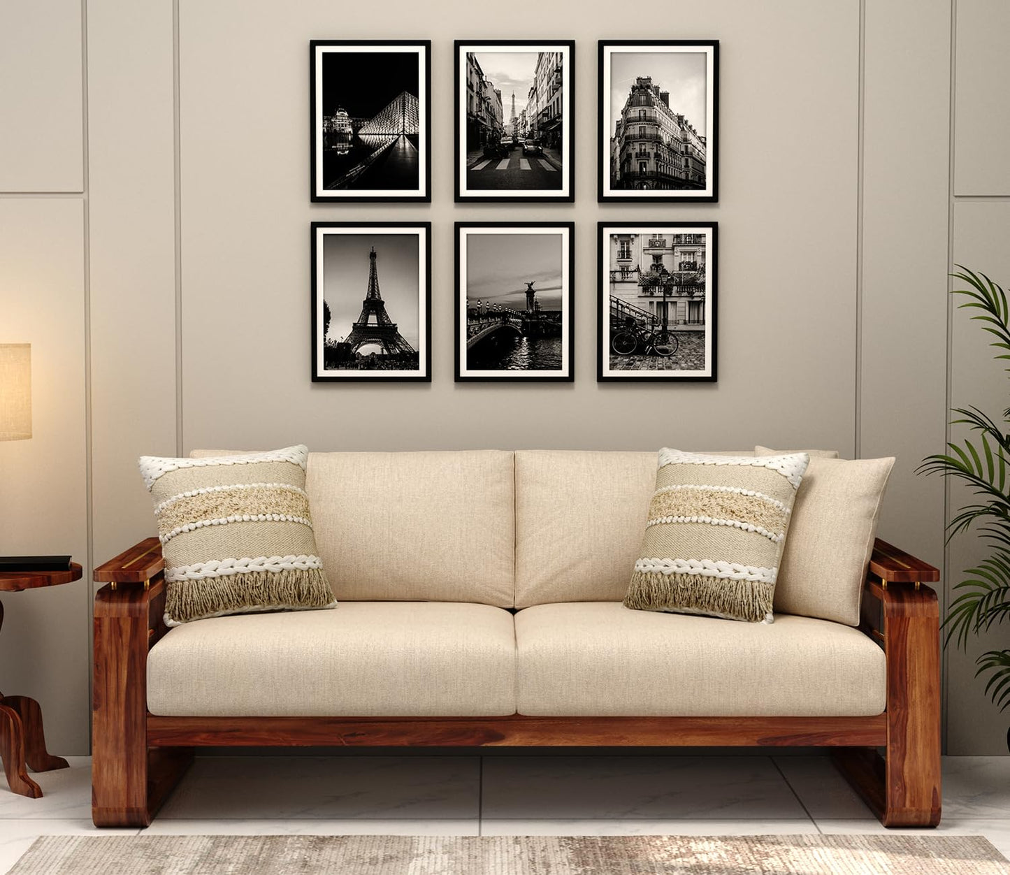 Sheesham Wood 3 Seater Sofa Brass Inlay Beige Cushion Sofa