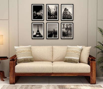 Sheesham Wood 3 Seater Sofa Brass Inlay Beige Cushion Sofa