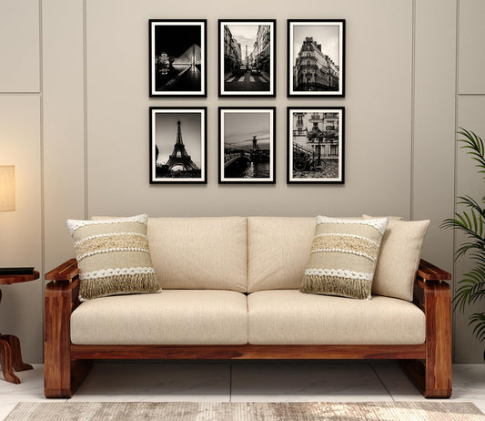 Sheesham Wood 3 Seater Sofa Brass Inlay Beige Cushion Sofa
