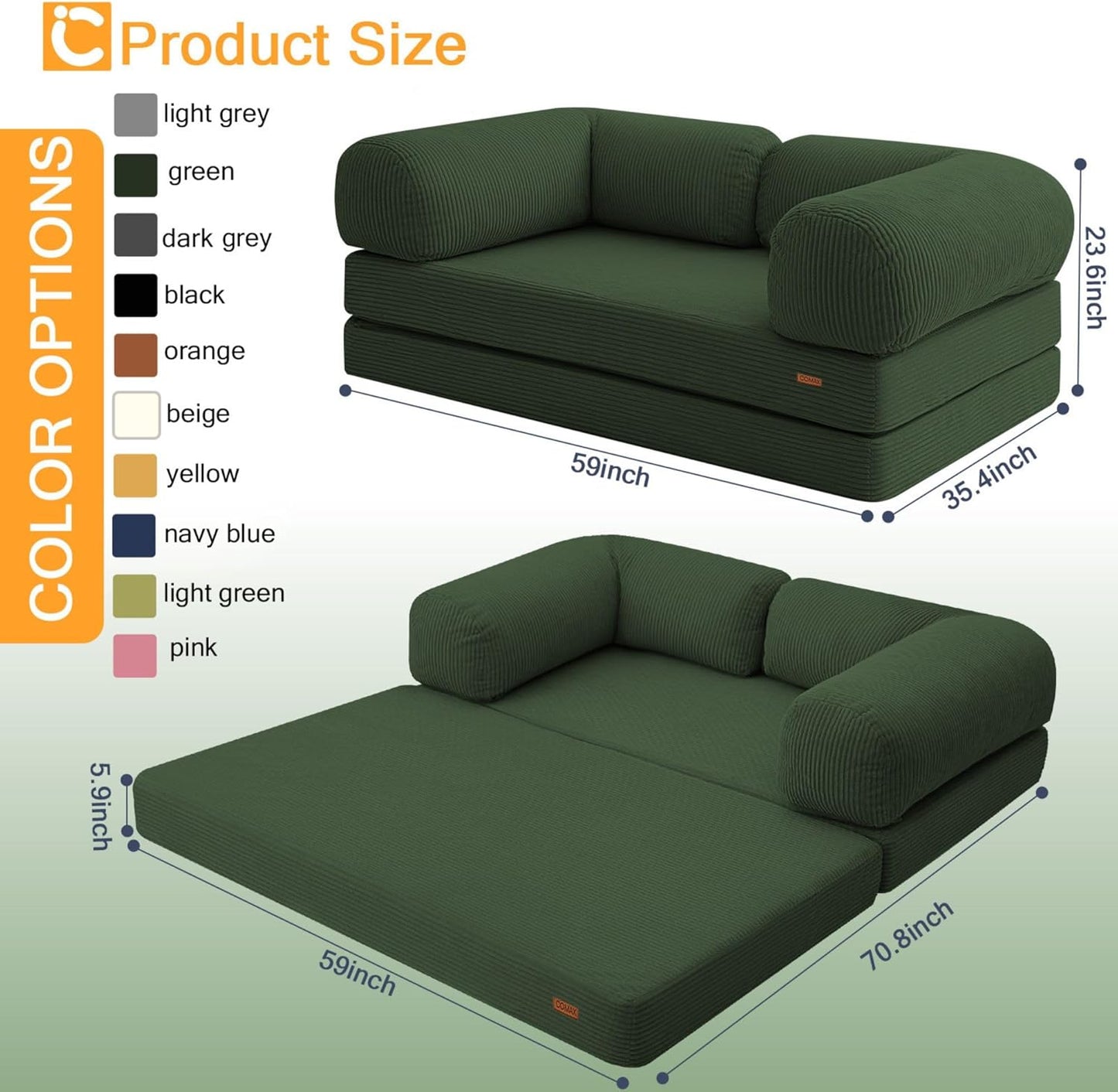 Convertible Folding Loveseat Sofa Bed Floor Couch Green