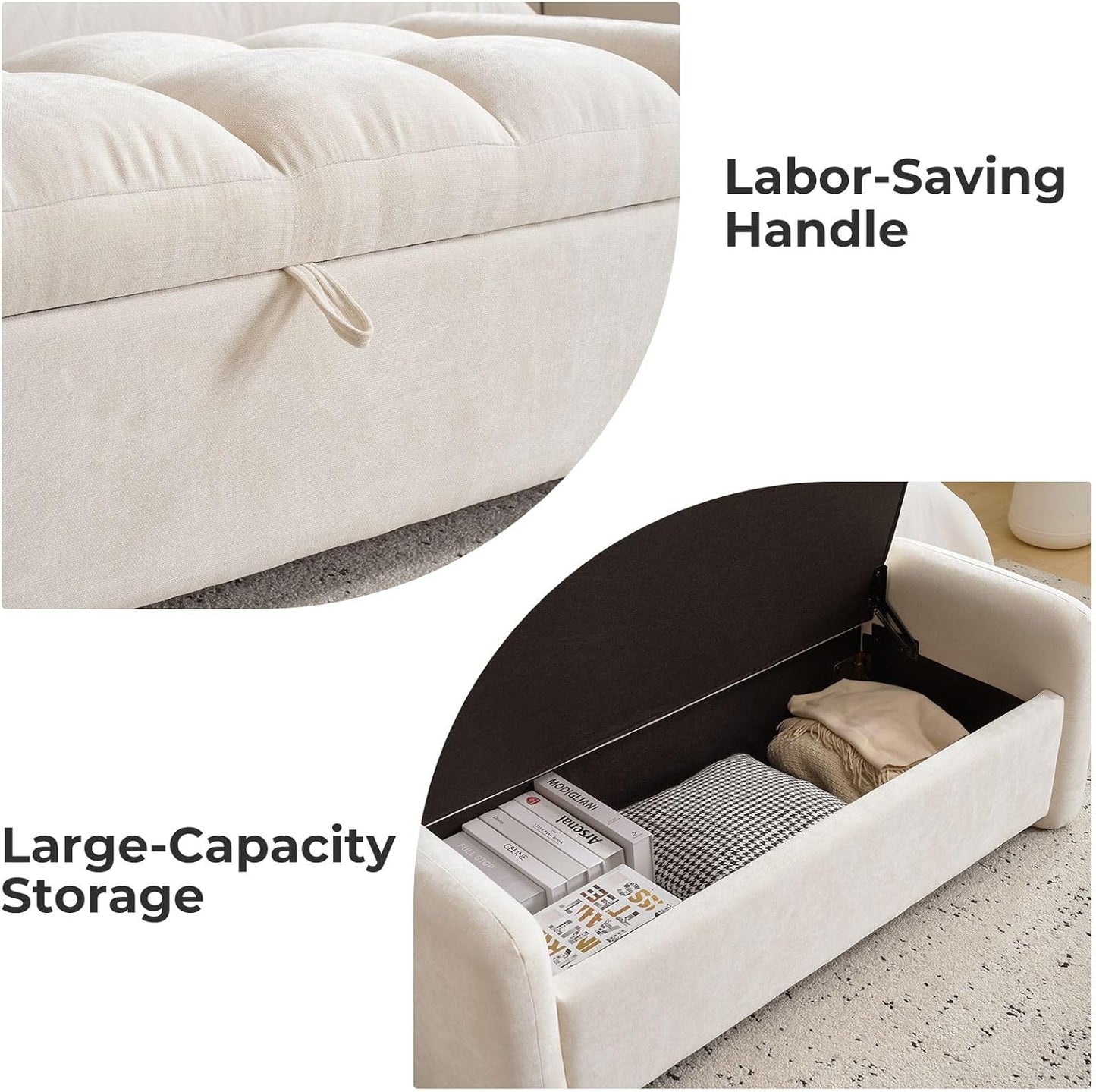 Modern Upholstered Storage Bench with Armrests – Tufted Ottoman Bench