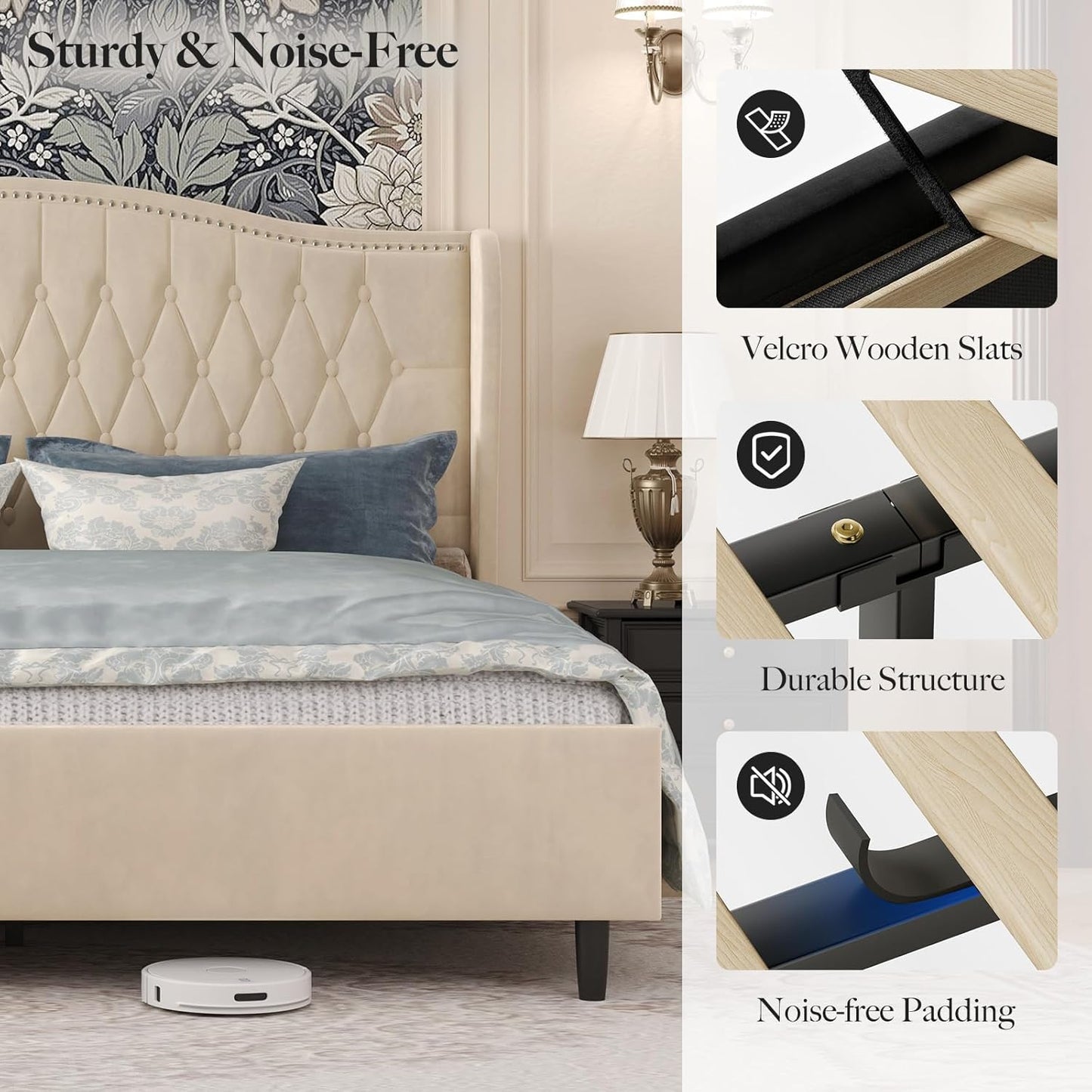 Luxury Upholstered King Size Bed with Tufted Headboard