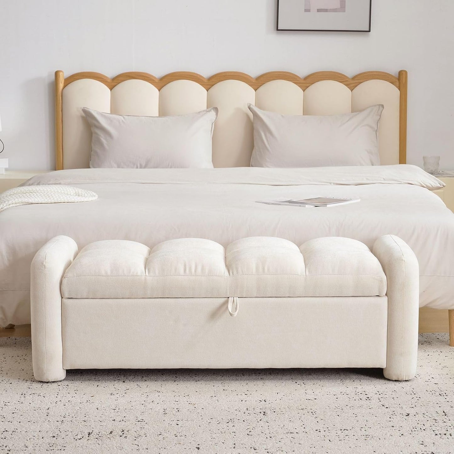 Modern Upholstered Storage Bench with Armrests – Tufted Ottoman Bench