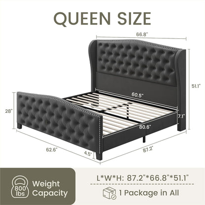 Modern Wingback Tufted Upholstered Queen Size Bed