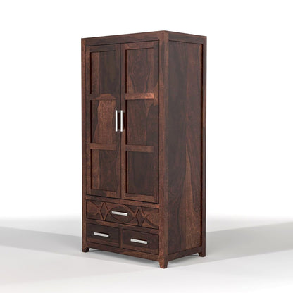 Solid Sheesham Wood 2 Door Wardrobe with 3 Drawer