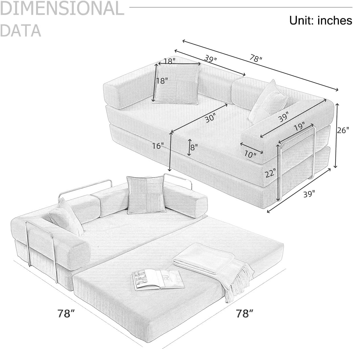 Convertible Floor Sofa Bed | Foldable Lounge Sofa with Cushions
