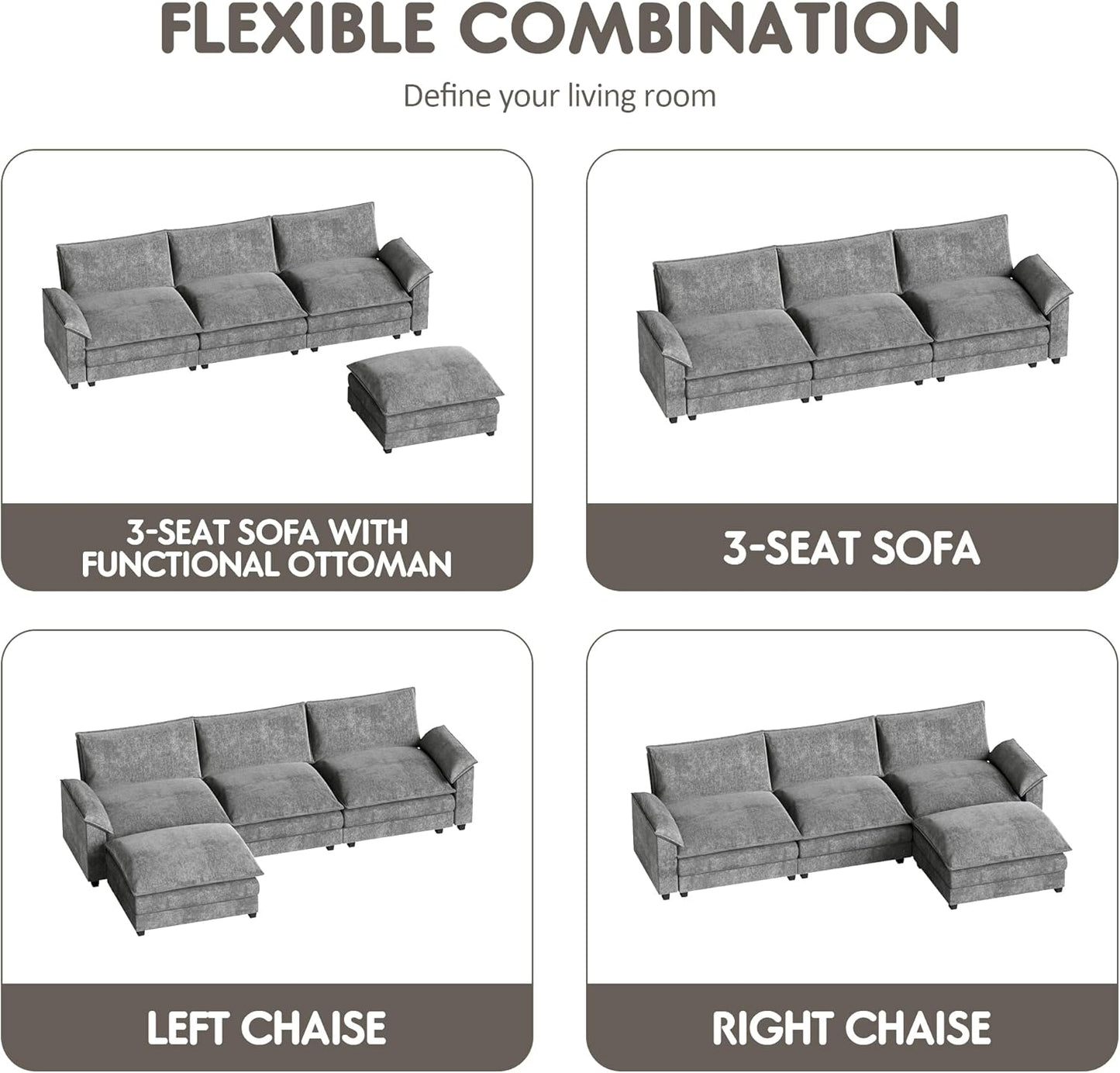 Modern L Shape Sectional Sofa Grey Fabric with Ottoman
