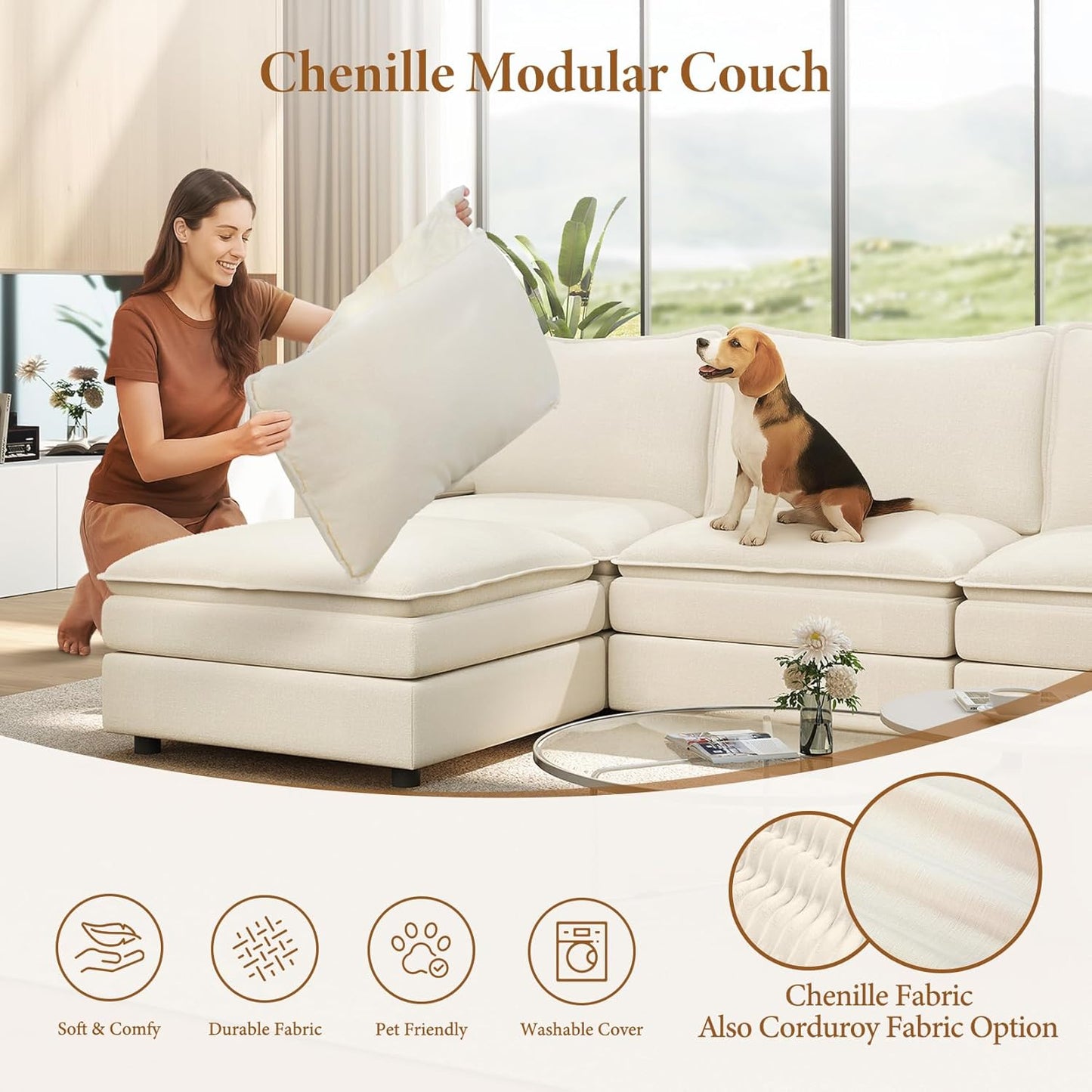 Modern L Shape Fabric Sectional Sofa with Ottoman Cream