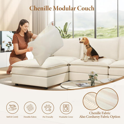 Modern L Shape Fabric Sectional Sofa with Ottoman Cream