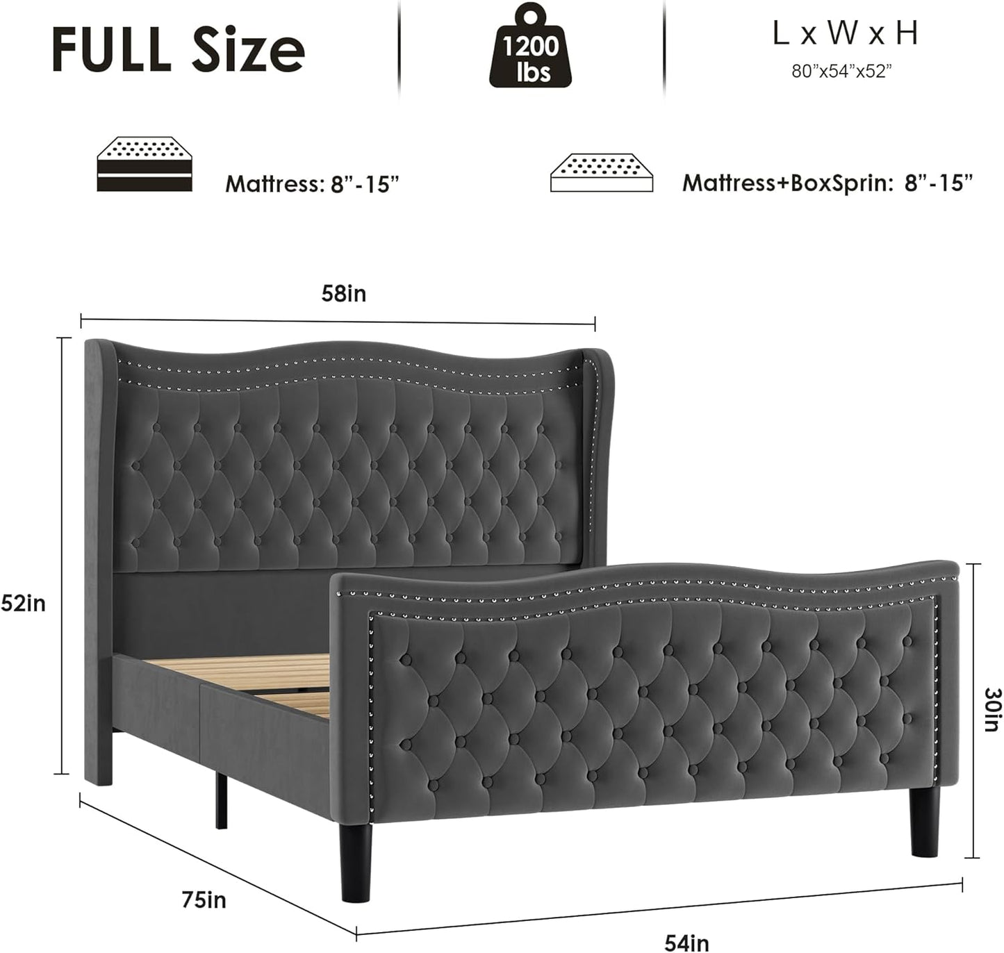 Luxury Upholstered Full Size Bed with Wingback Tufted Headboard