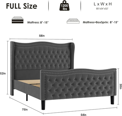 Luxury Upholstered Full Size Bed with Wingback Tufted Headboard