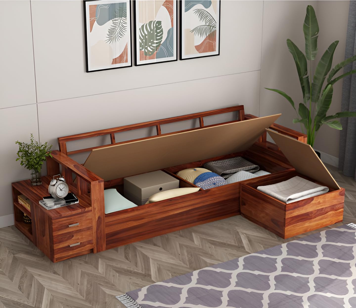 Solid Wood L Shape Storage Sofa with Side Table Unit