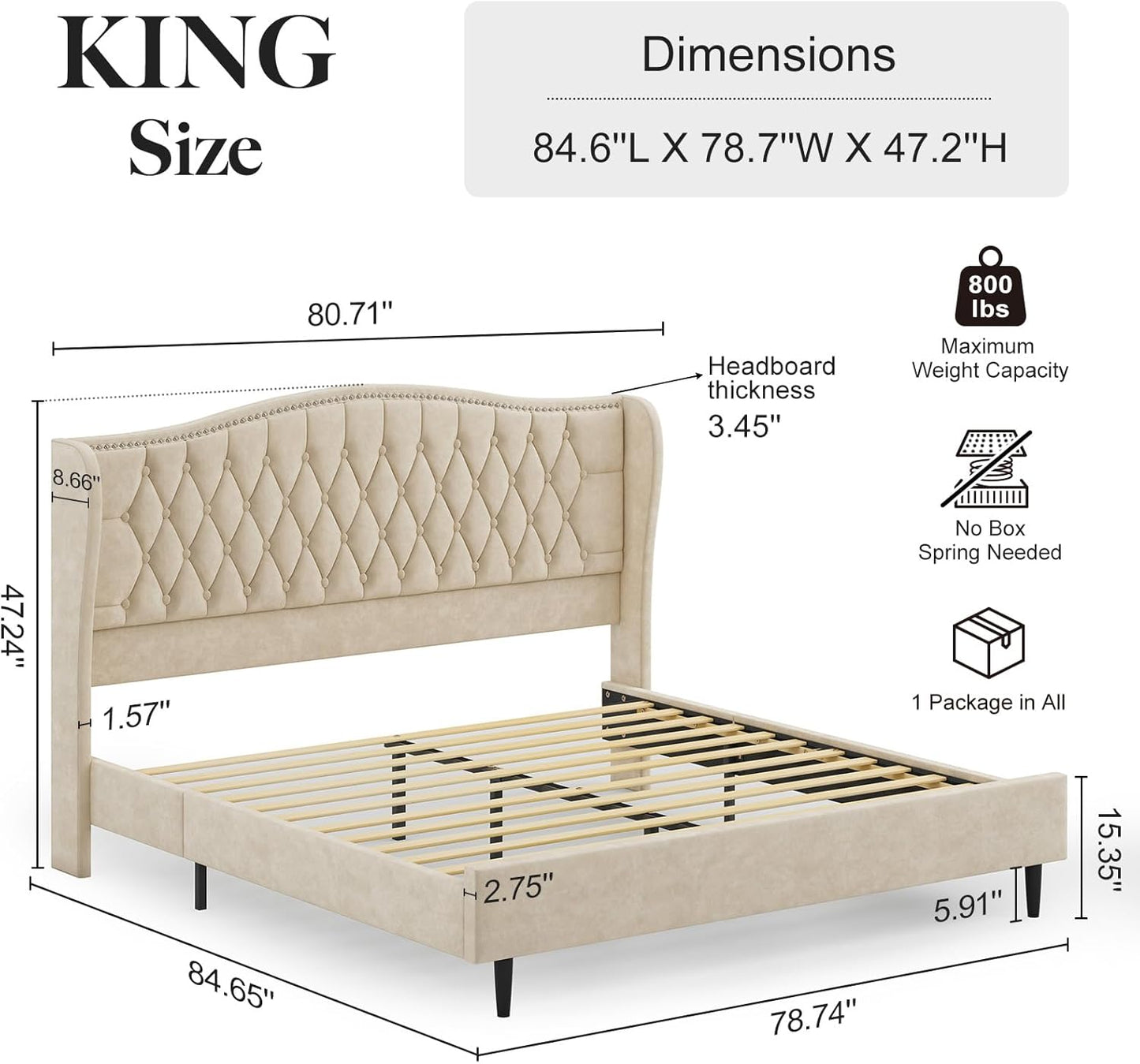 Luxury Upholstered King Size Bed with Tufted Headboard
