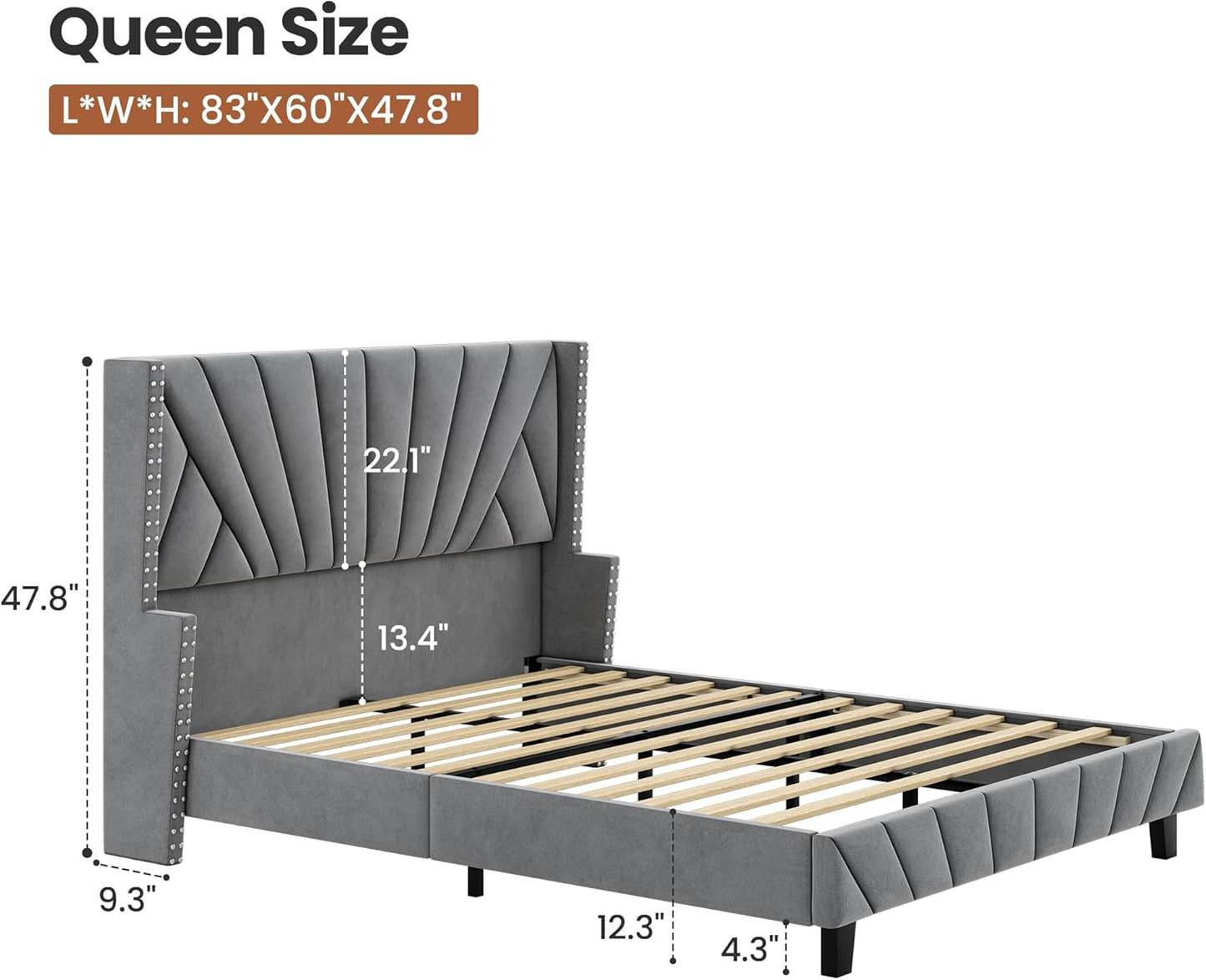 Modern Wingback Queen Size Upholstered Bed | Premium Fabric Bed