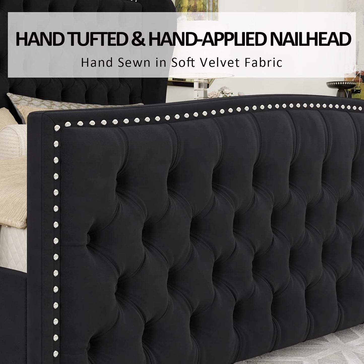 Luxury Upholstered King Size Bed with Wingback Tufted Headboard