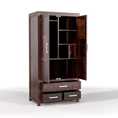 Solid Sheesham Wood 2 Door Wardrobe with 3 Drawer