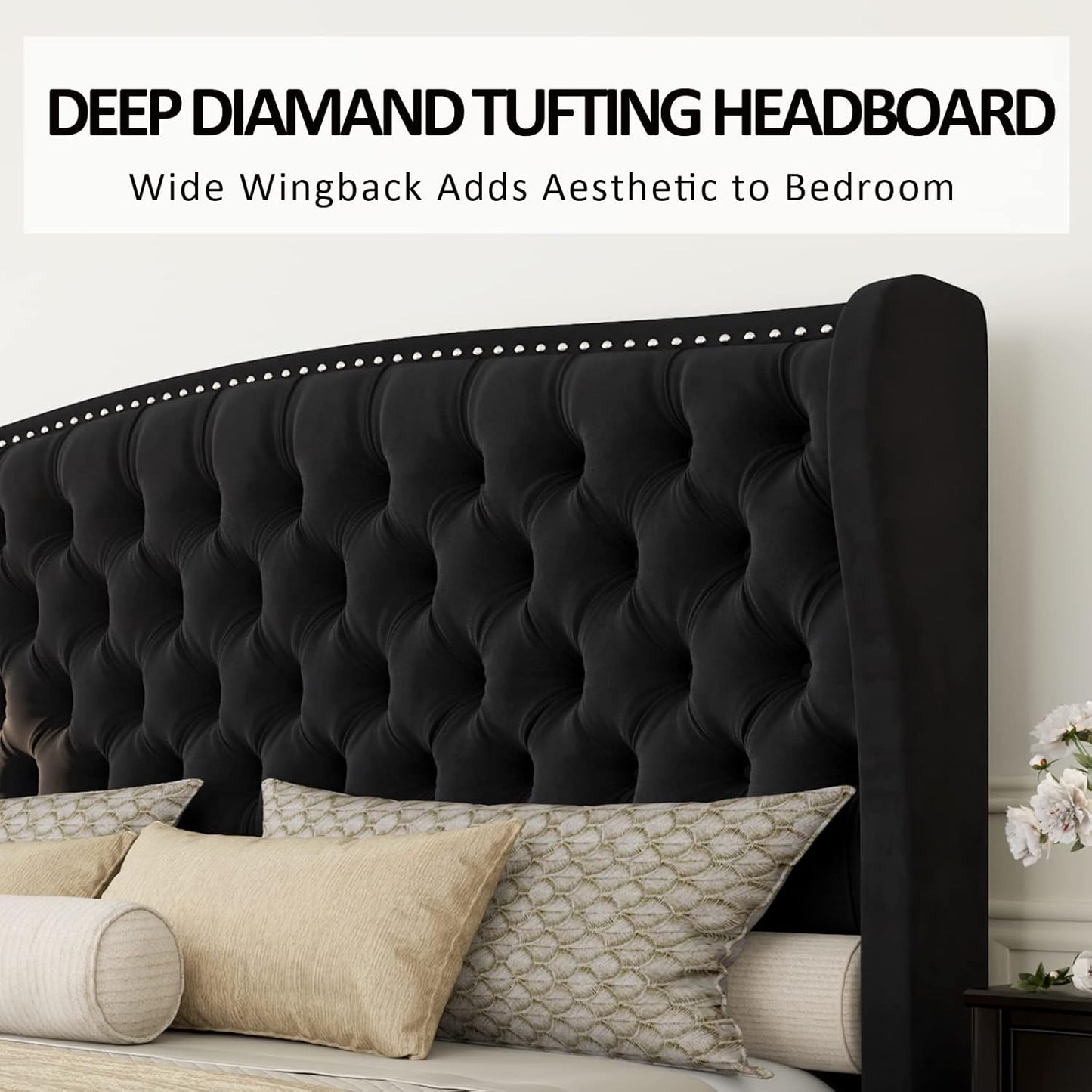 Luxury Upholstered King Size Bed with Wingback Tufted Headboard