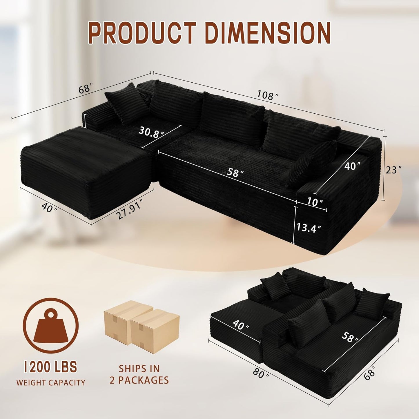 Modern L-Shape Convertible Sectional Sofa with Ottoman – Black Fabric Finish