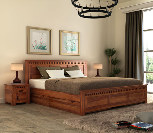 Modern Solid Wood Queen Size Storage Bed with Drawer Storage