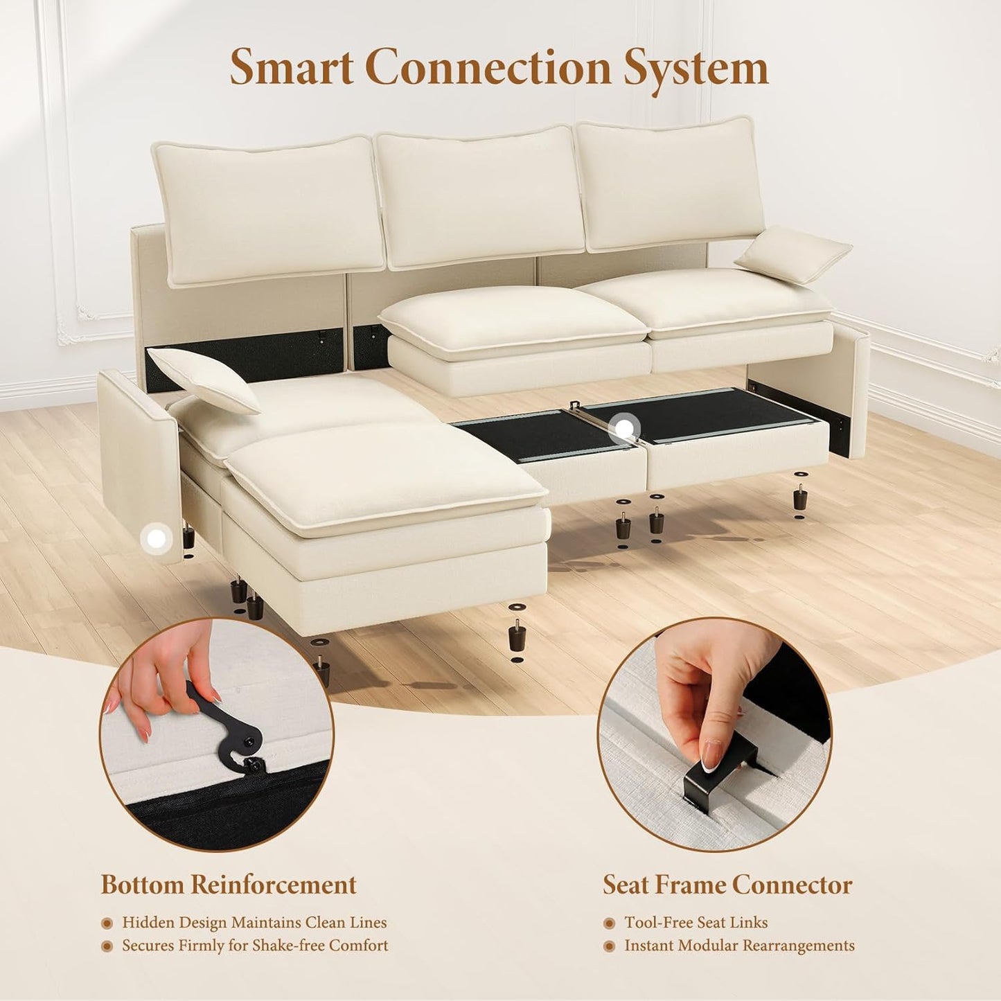 Modern L Shape Fabric Sectional Sofa with Ottoman Cream