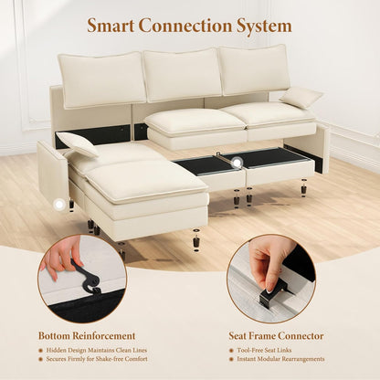 Modern L Shape Fabric Sectional Sofa with Ottoman Cream