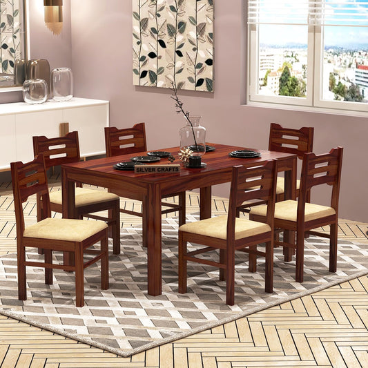 Solid Wood 6 Seater Dining Table Set with Cushioned Chairs