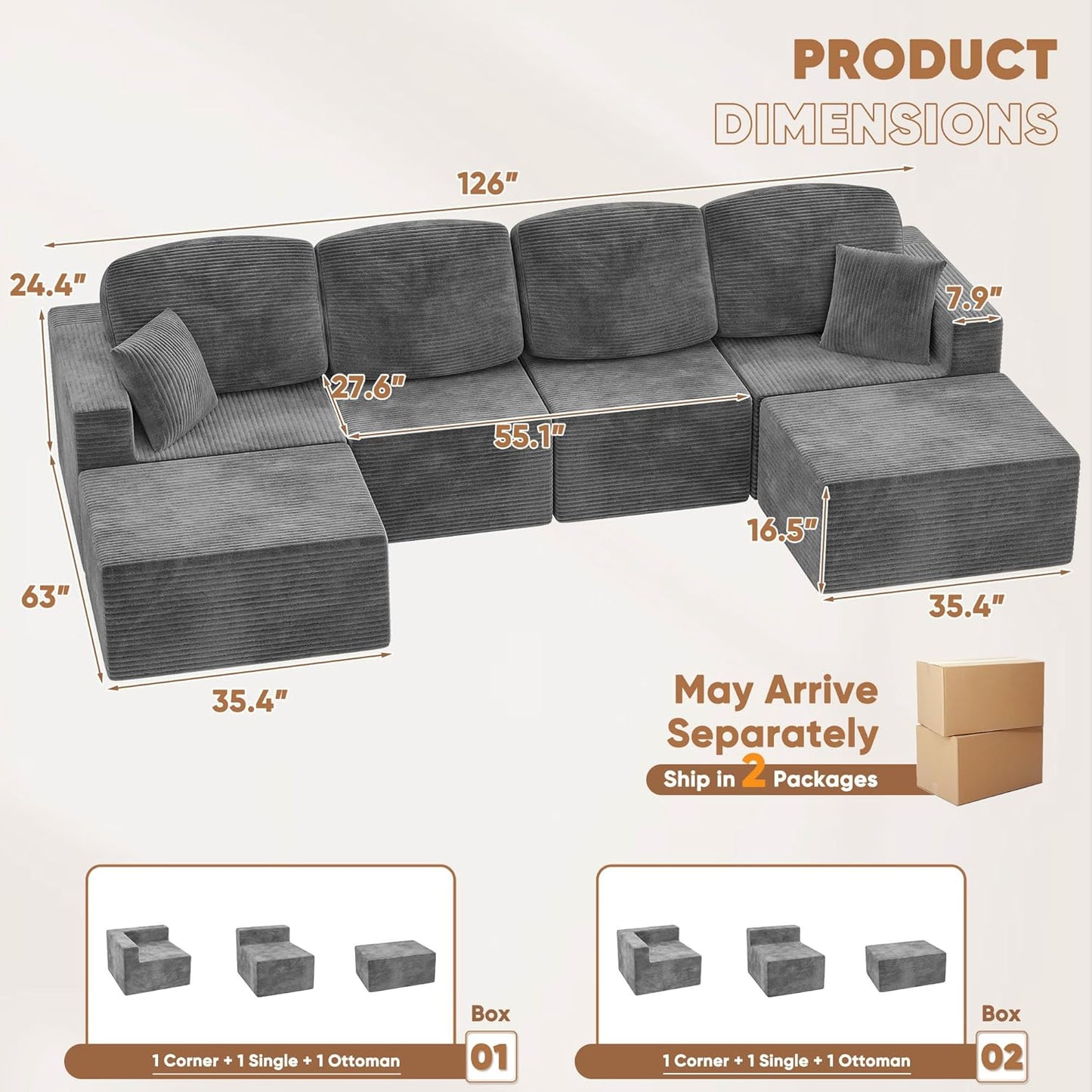 Modern U Shape Sectional Sofa Grey Fabric Modular Couch