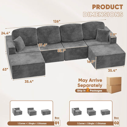 Modern U Shape Sectional Sofa Grey Fabric Modular Couch